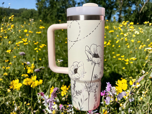 Wildflower & bee theme 30 oz or 40 oz Stainless Steel Insulated Tumbler with Handle, Laser Engraved tumbler with name, birthday gift for her