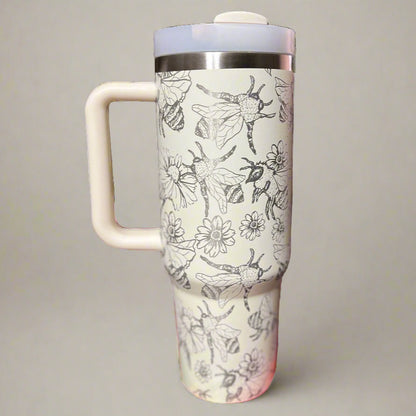 Bee & flower Lover 30 oz or 40 oz Stainless Steel Insulated Tumbler with Handle, Laser Engraved tumbler with name, birthday gift for him/her