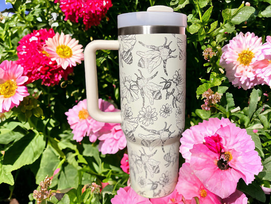 Bee & flower Lover 30 oz or 40 oz Stainless Steel Insulated Tumbler with Handle, Laser Engraved tumbler with name, birthday gift for him/her