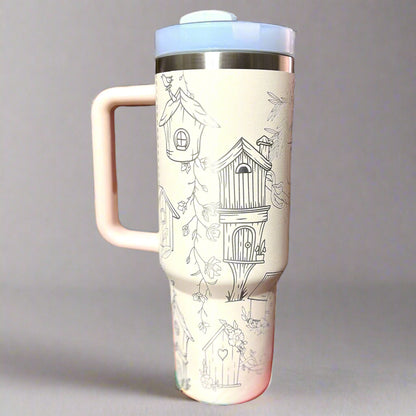 Birdhouses 30 oz or 40 oz Stainless Steel Insulated Tumbler with Handle, Laser Engraved tumbler, tumbler with name, birthday gift for him/he