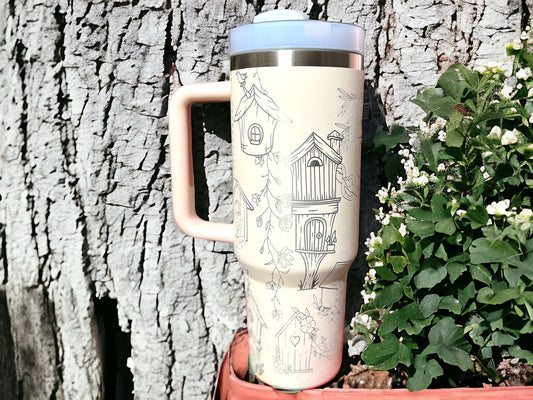 Birdhouses 30 oz or 40 oz Stainless Steel Insulated Tumbler with Handle, Laser Engraved tumbler, tumbler with name, birthday gift for him/he