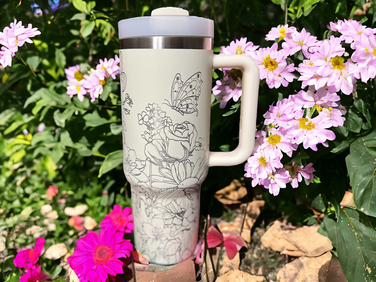 Butterfly & flower 30 oz or 40 oz Stainless Steel Insulated Tumbler with Handle, Laser Engraved tumbler with name, birthday gift for him/her