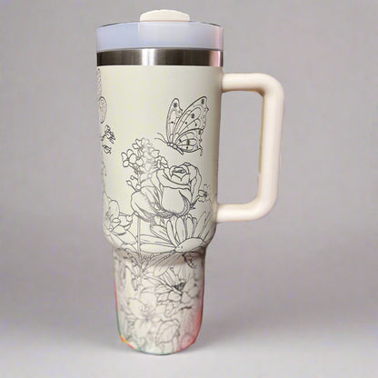 Butterfly & flower 30 oz or 40 oz Stainless Steel Insulated Tumbler with Handle, Laser Engraved tumbler with name, birthday gift for him/her