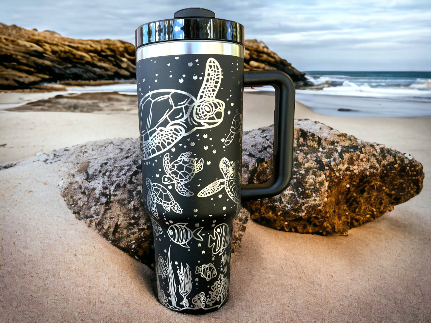 Sea Turtles 30 oz or 40 oz Stainless Steel Insulated Tumbler with Handle, Laser Engraved tumbler, personalized, birthday gift for him/her