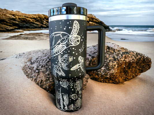 Sea Turtles 30 oz or 40 oz Stainless Steel Insulated Tumbler with Handle, Laser Engraved tumbler, personalized, birthday gift for him/her