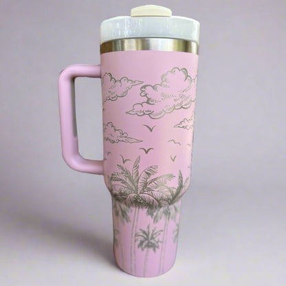 Tropical 30 oz or 40 oz Stainless Steel Insulated Tumbler with Handle, Laser Engraved tumbler with name, birthday gift for him/her
