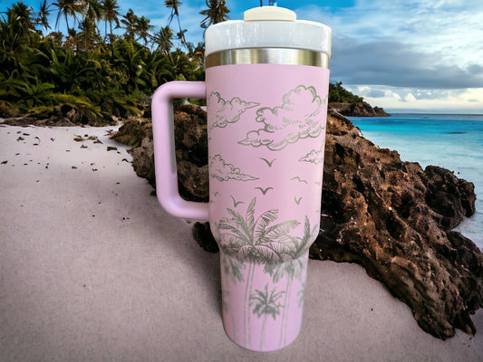 Tropical 30 oz or 40 oz Stainless Steel Insulated Tumbler with Handle, Laser Engraved tumbler with name, birthday gift for him/her