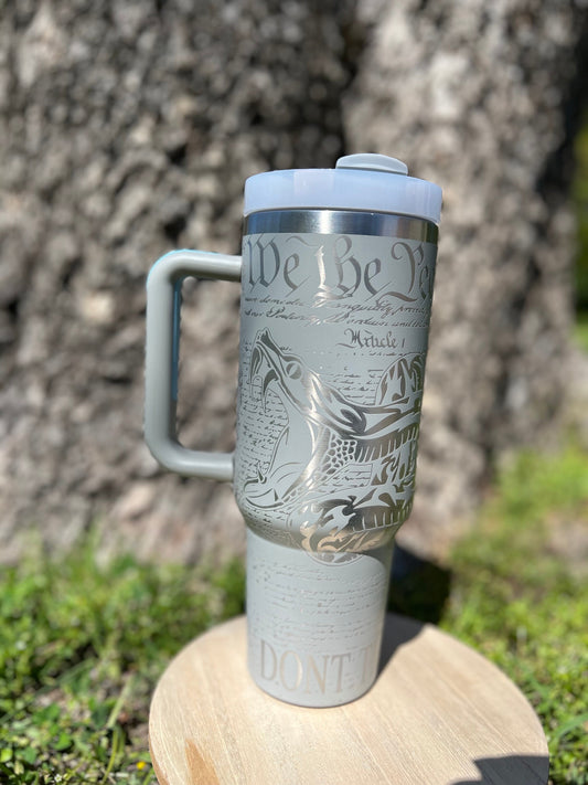 Second Amendment light gray 40 oz Stainless insulated Tumbler with Handle, Laser Engraved tumbler with name, birthday gift, ready to ship