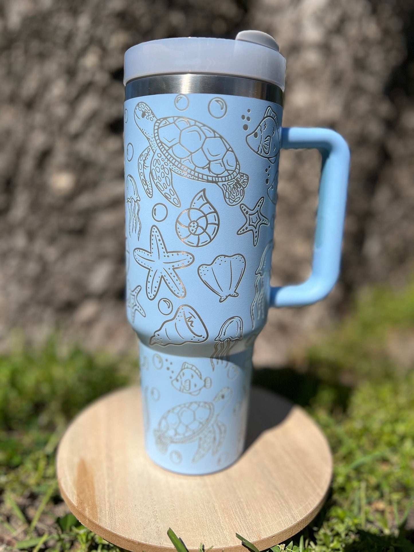 Sea Life light blue 40 oz Stainless Steel Insulated Tumbler with Handle, Laser Engraved tumbler, birthday gift for him/her, ready to ship