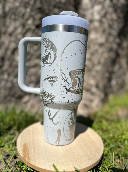 Bass fishing fog colored 40 oz Stainless Steel Insulated Tumbler with Handle, Laser Engraved tumbler with name, birthday gift, ready to ship