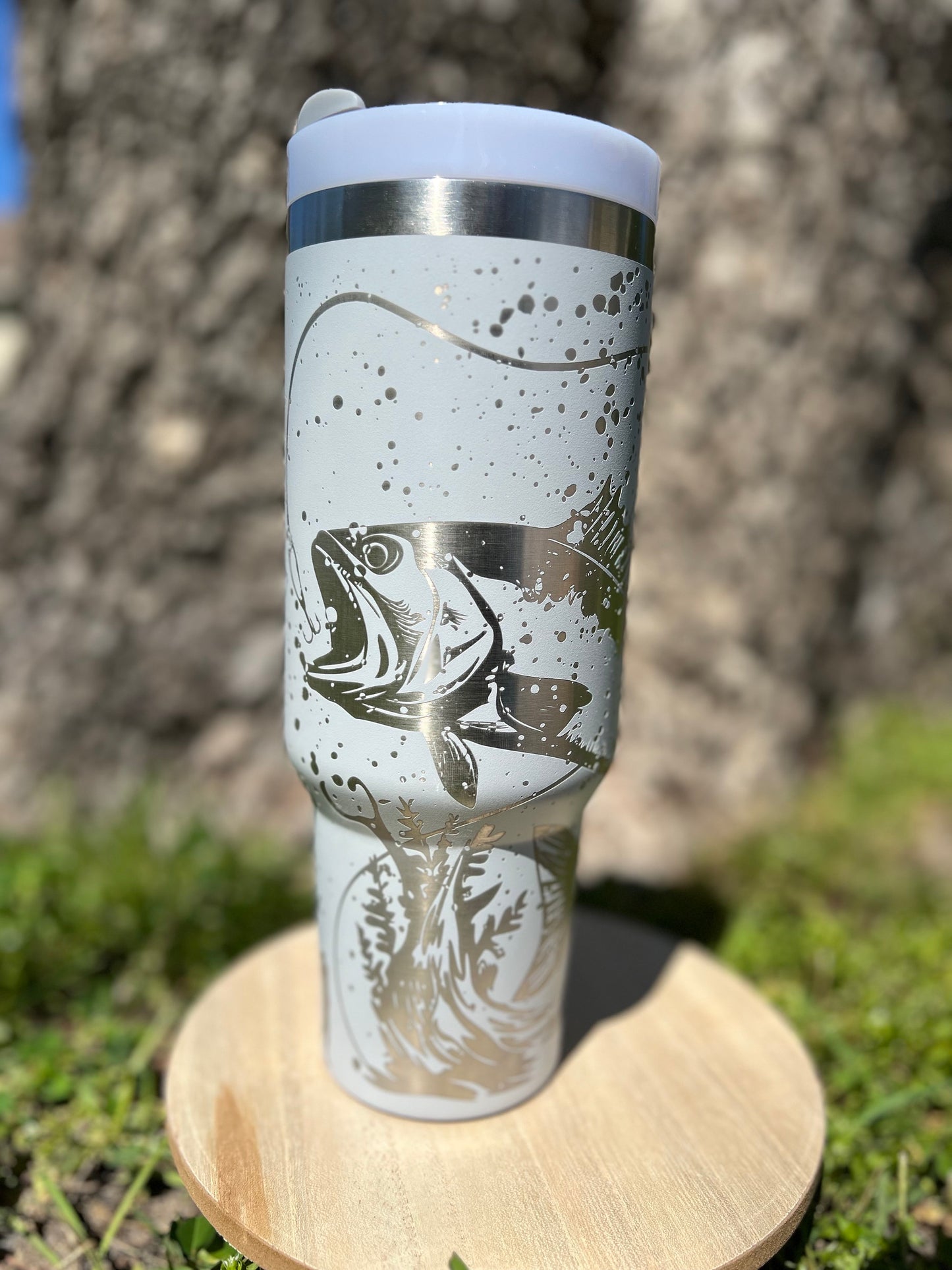 Bass fishing fog colored 40 oz Stainless Steel Insulated Tumbler with Handle, Laser Engraved tumbler with name, birthday gift, ready to ship