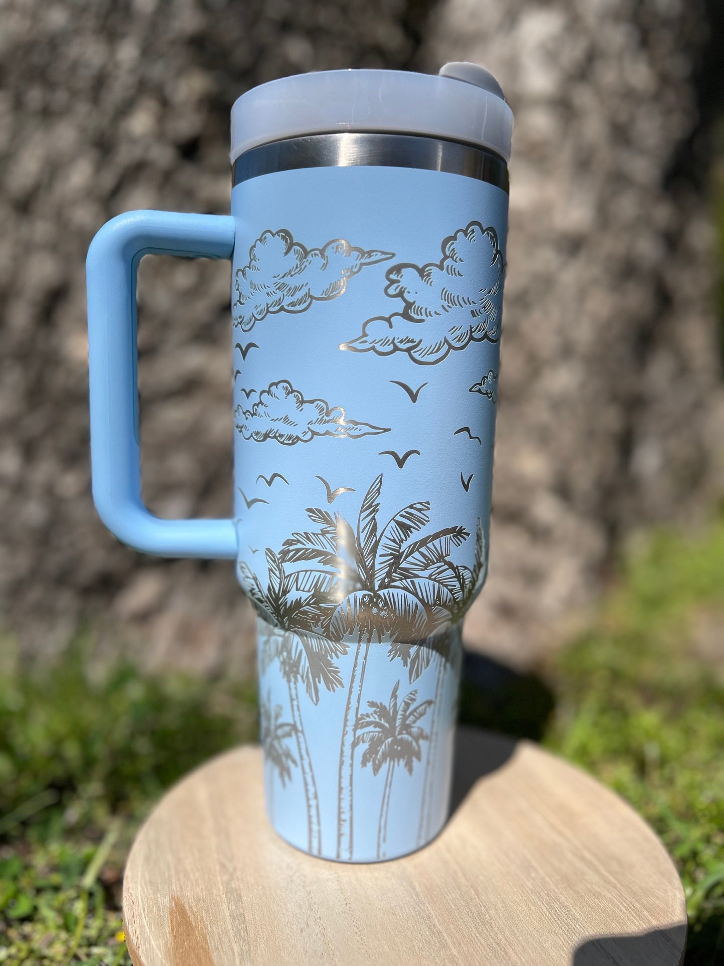 Tropical theme light blue 40 oz Stainless Steel Insulated Tumbler with Handle, Laser Engraved tumbler, birthday gift, ready to ship