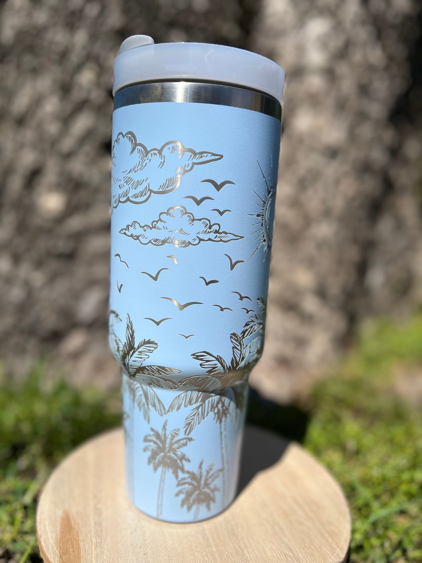 Tropical theme light blue 40 oz Stainless Steel Insulated Tumbler with Handle, Laser Engraved tumbler, birthday gift, ready to ship