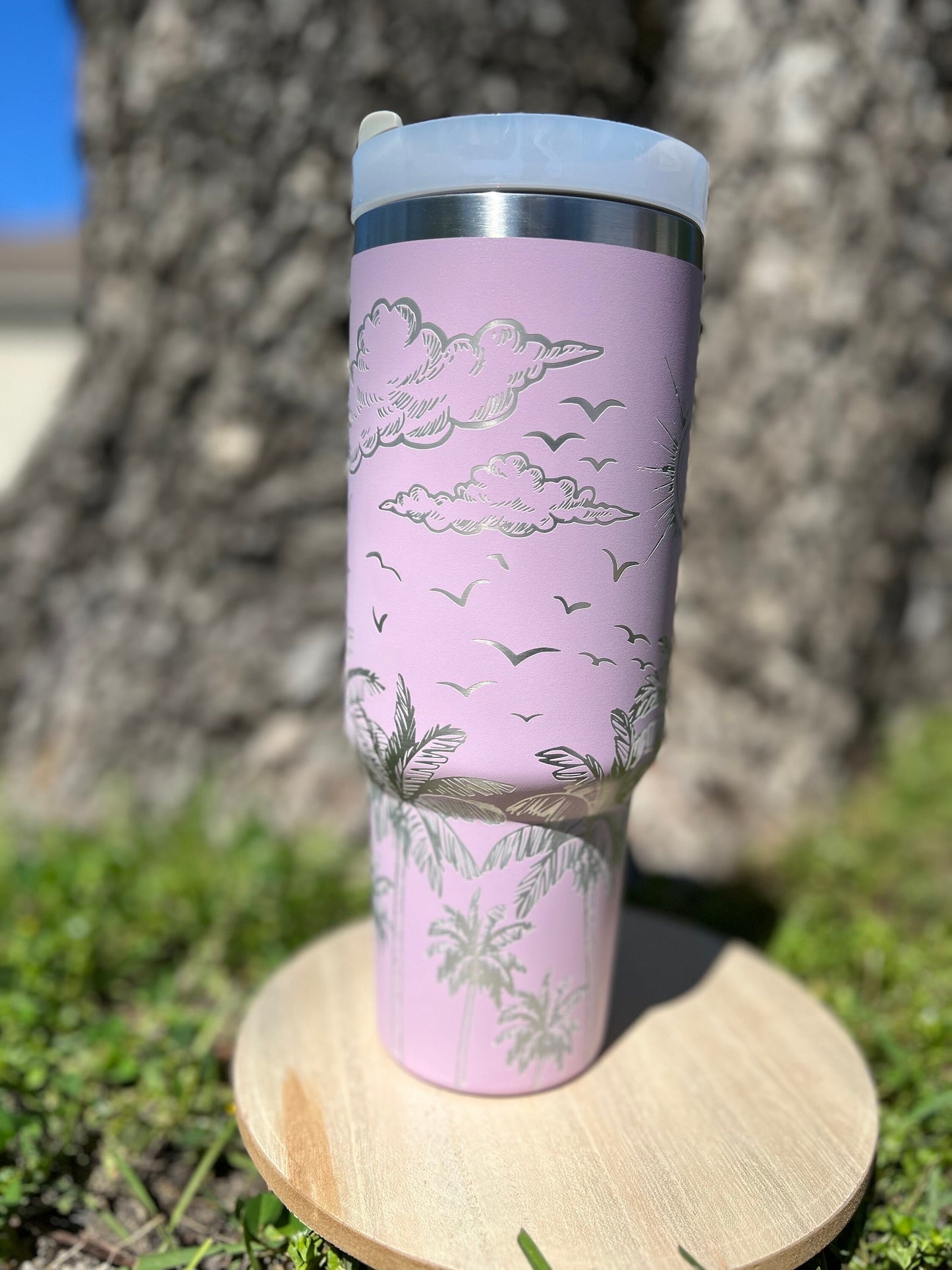 Tropical theme lilac 40 oz Stainless Steel Insulated Tumbler with Handle, Laser Engraved tumbler, birthday gift for him/her, ready to ship