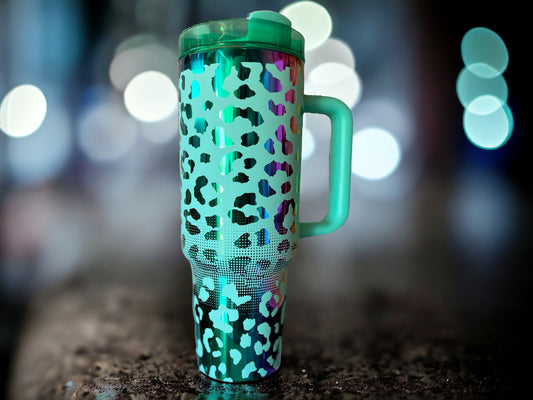 Gradient leopard print 40 oz tumbler for summer beach vibes, leopard print tumbler gift for her, unique style gift tumbler with handle