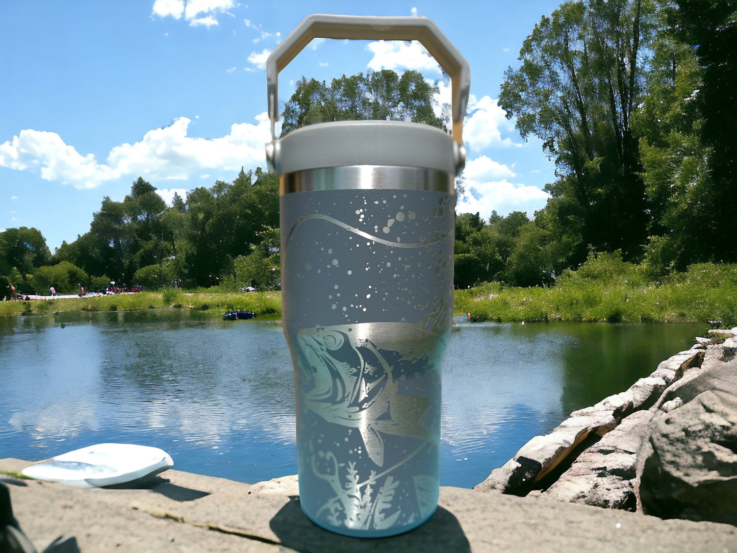 20 oz flip top lid Bass Fishing themed tumbler, gift for her, gift for him, coffee tumbler, free personalization, engraved tumbler gift