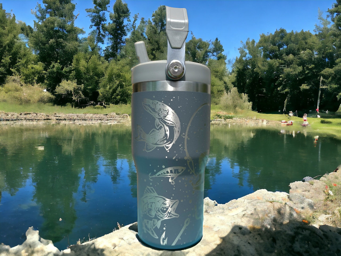 20 oz flip top lid Bass Fishing themed tumbler, gift for her, gift for him, coffee tumbler, free personalization, engraved tumbler gift