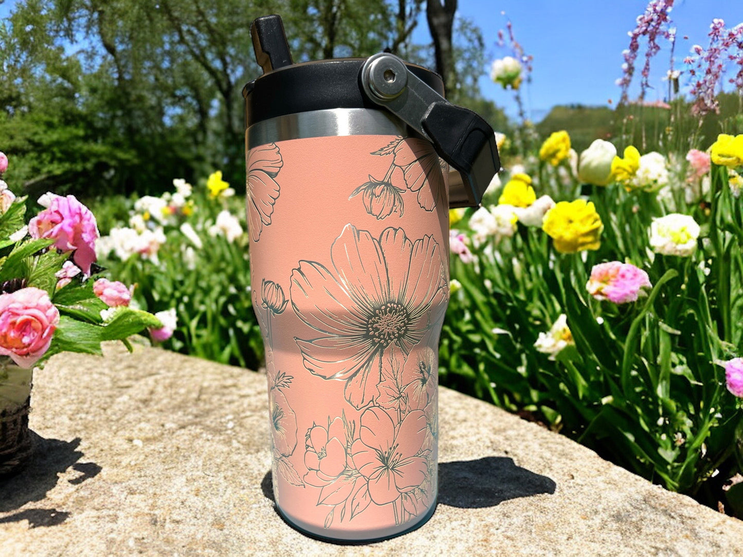 20 oz flip top lid Cosmos flower themed tumbler, gift for her, gift for him, coffee tumbler, free personalization, engraved tumbler gift