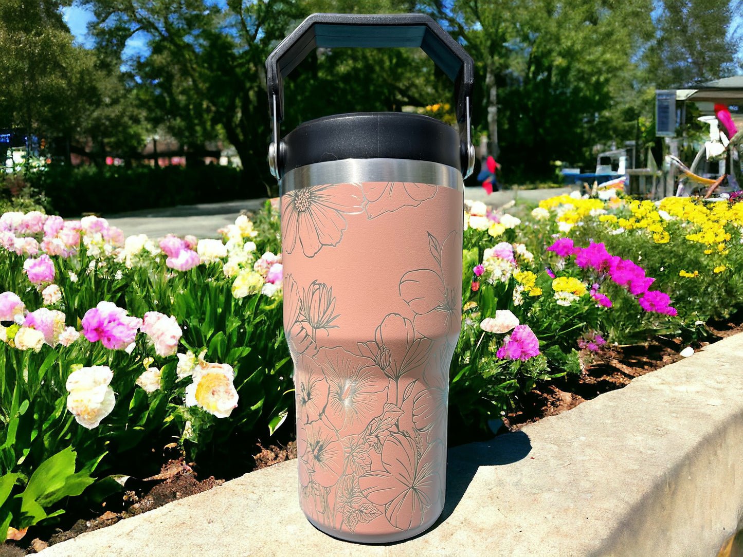 20 oz flip top lid Cosmos flower themed tumbler, gift for her, gift for him, coffee tumbler, free personalization, engraved tumbler gift