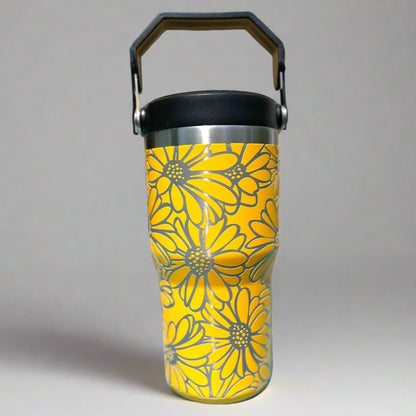 20 oz flip top lid Daisies flower themed tumbler, gift for her, gift for him, coffee tumbler, free personalization, engraved tumbler gift