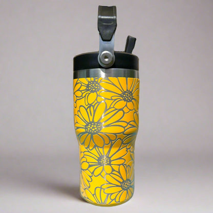 20 oz flip top lid Daisies flower themed tumbler, gift for her, gift for him, coffee tumbler, free personalization, engraved tumbler gift