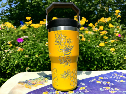 20 oz flip top lid Honey Bee lovers themed tumbler, gift for her, gift for him, coffee tumbler, free personalization, engraved tumbler gift