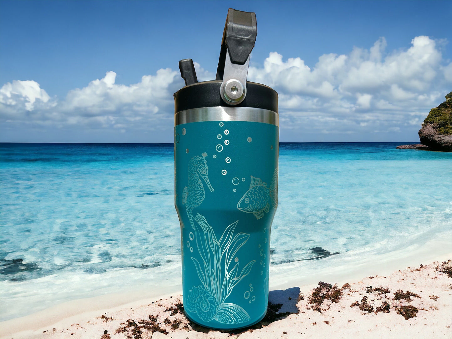 20 oz flip top lid Ocean Sea Life themed tumbler, gift for her, gift for him, coffee tumbler, free personalization, engraved tumbler gift