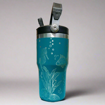 20 oz flip top lid Ocean Sea Life themed tumbler, gift for her, gift for him, coffee tumbler, free personalization, engraved tumbler gift