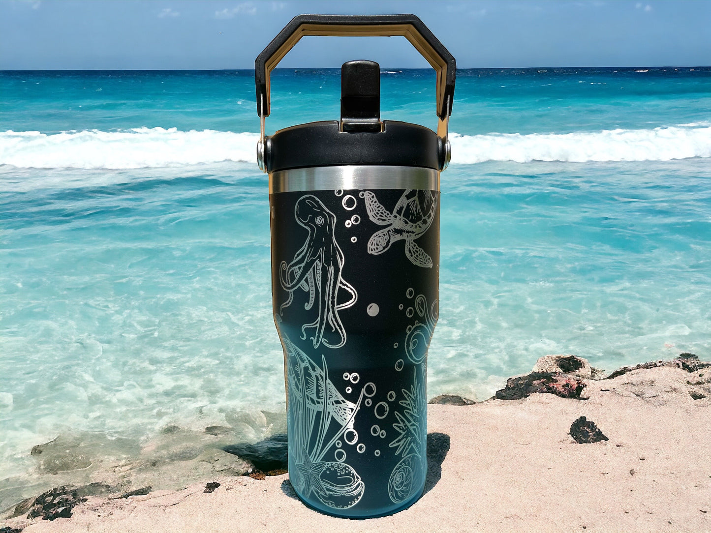 20 oz flip top lid Sea Turtle and Octopus themed tumbler, gift for her or him, coffee tumbler, free personalization, engraved tumbler gift