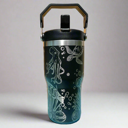 20 oz flip top lid Sea Turtle and Octopus themed tumbler, gift for her or him, coffee tumbler, free personalization, engraved tumbler gift