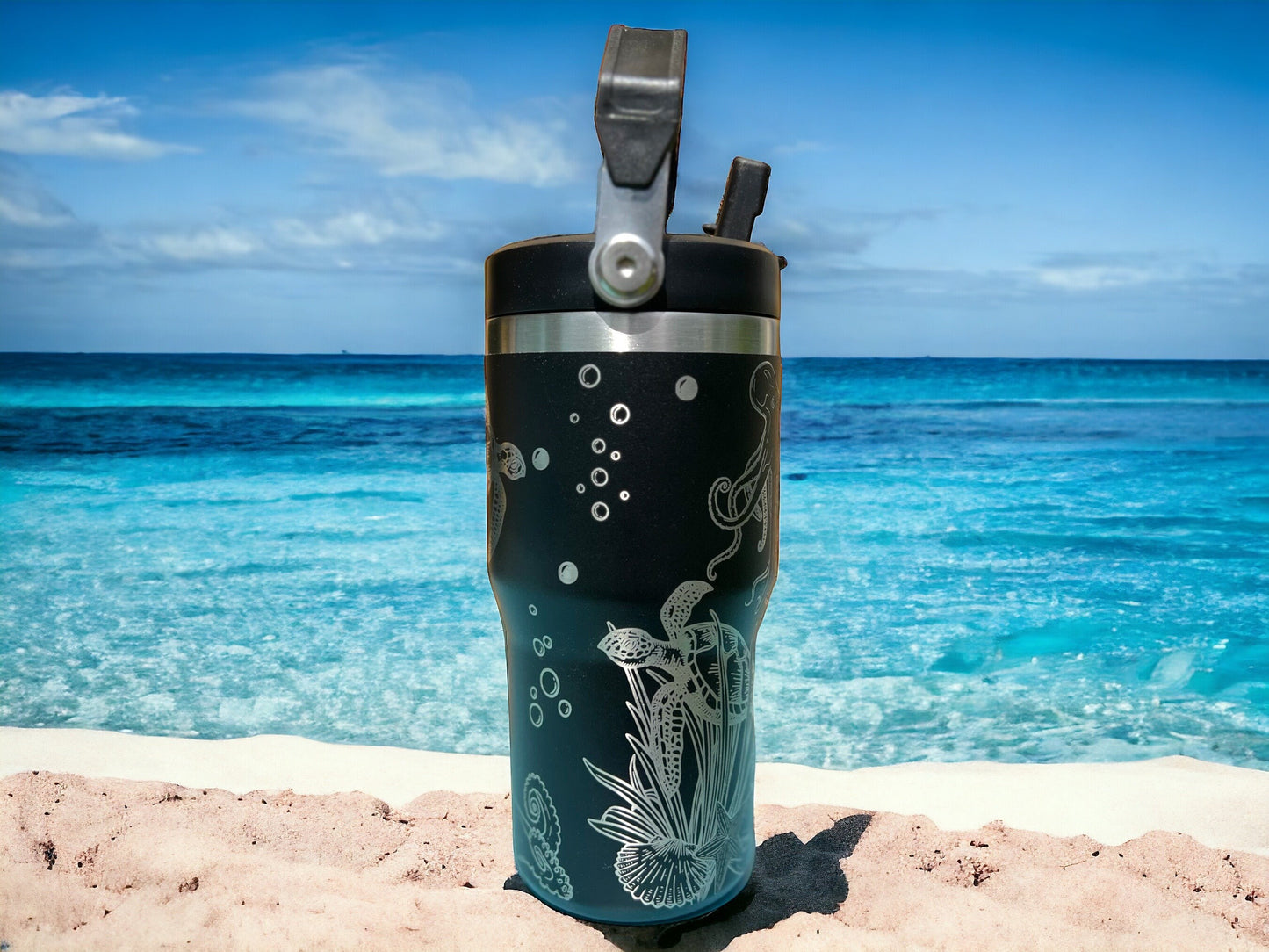 20 oz flip top lid Sea Turtle and Octopus themed tumbler, gift for her or him, coffee tumbler, free personalization, engraved tumbler gift