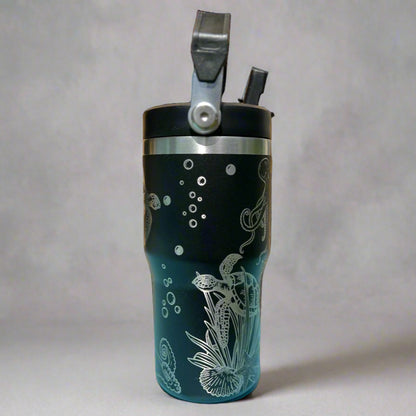 20 oz flip top lid Sea Turtle and Octopus themed tumbler, gift for her or him, coffee tumbler, free personalization, engraved tumbler gift