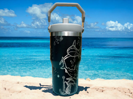 20 oz flip top lid Shark themed tumbler, gift for her, gift for him, coffee tumbler, free personalization, engraved tumbler gift