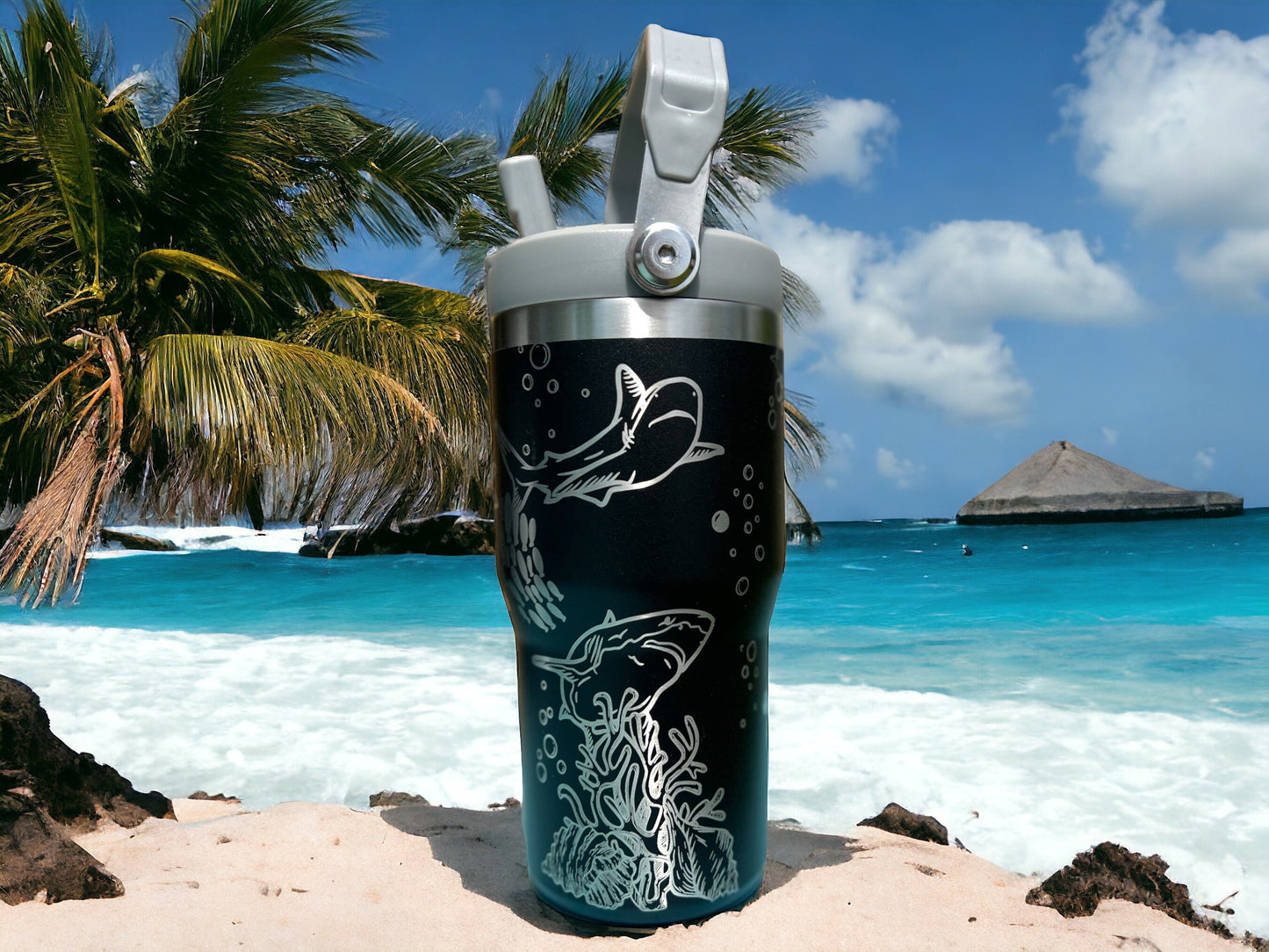 20 oz flip top lid Shark themed tumbler, gift for her, gift for him, coffee tumbler, free personalization, engraved tumbler gift