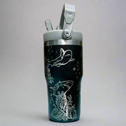 20 oz flip top lid Shark themed tumbler, gift for her, gift for him, coffee tumbler, free personalization, engraved tumbler gift