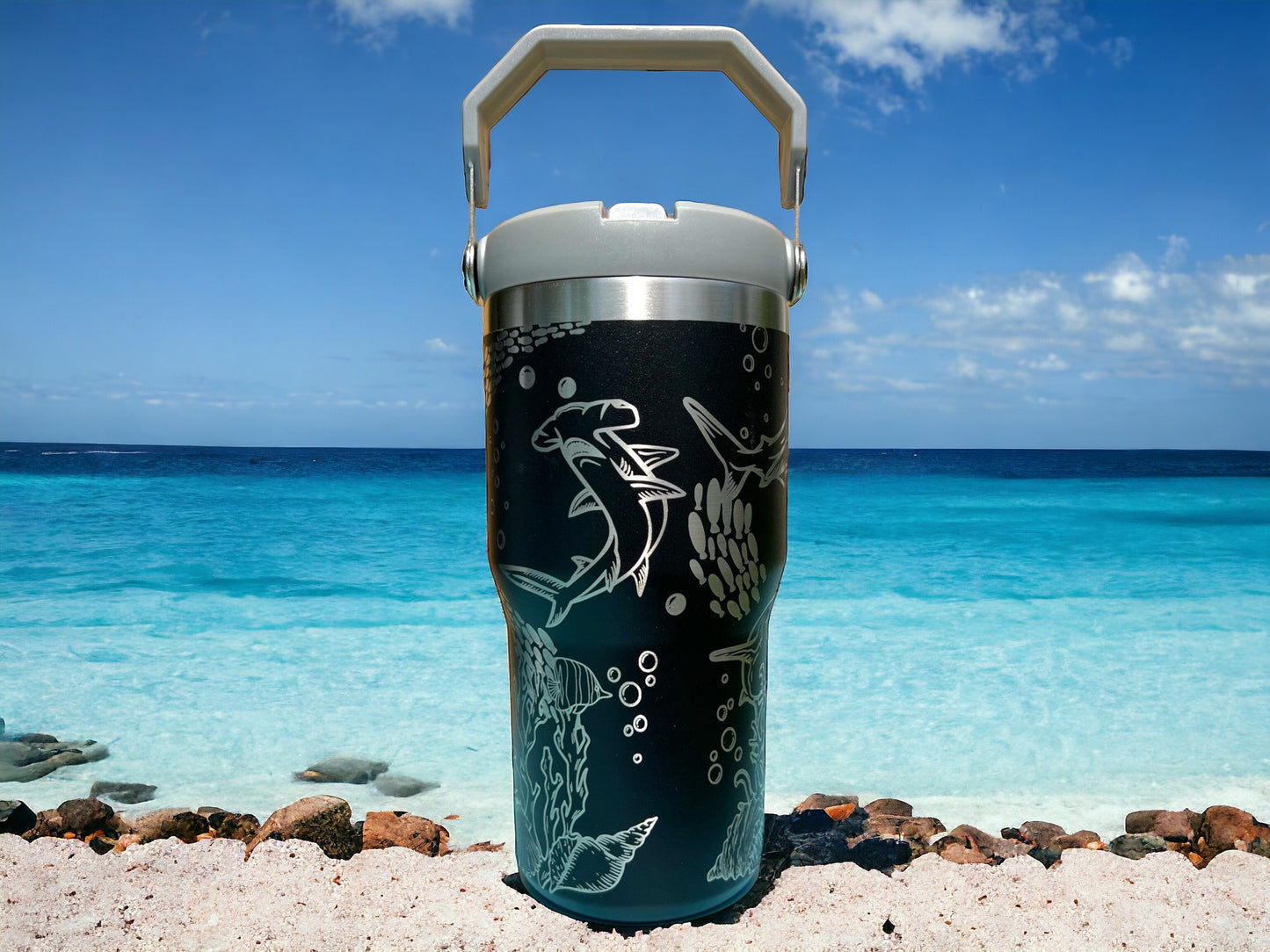 20 oz flip top lid Shark themed tumbler, gift for her, gift for him, coffee tumbler, free personalization, engraved tumbler gift