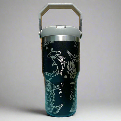 20 oz flip top lid Shark themed tumbler, gift for her, gift for him, coffee tumbler, free personalization, engraved tumbler gift