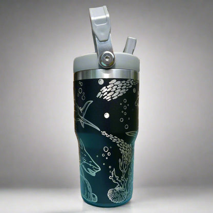 20 oz flip top lid Shark themed tumbler, gift for her, gift for him, coffee tumbler, free personalization, engraved tumbler gift