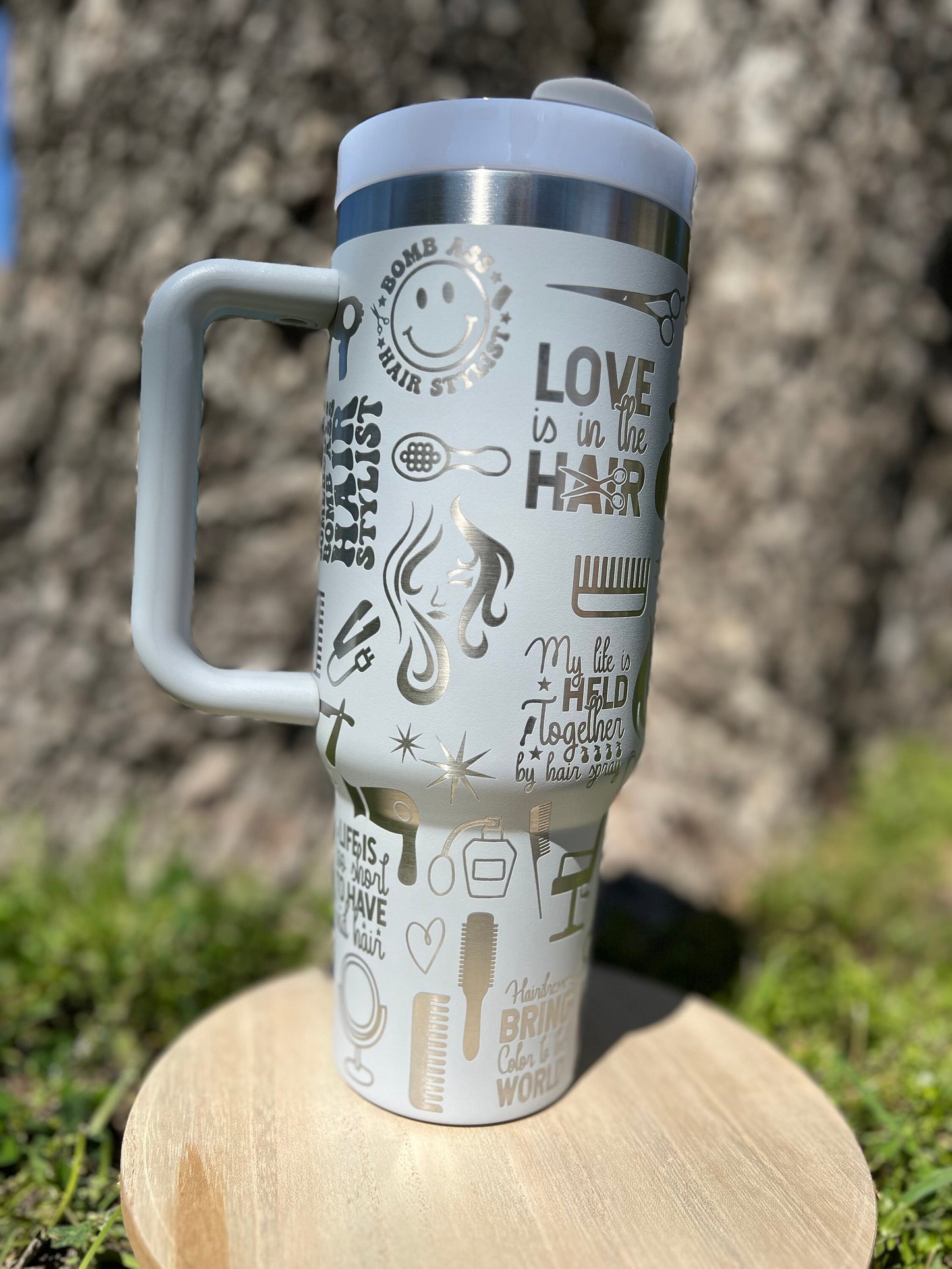 Hair stylist themed light gray 40 oz insulated tumbler with handle. Unbranded tumbler, ready to ship!