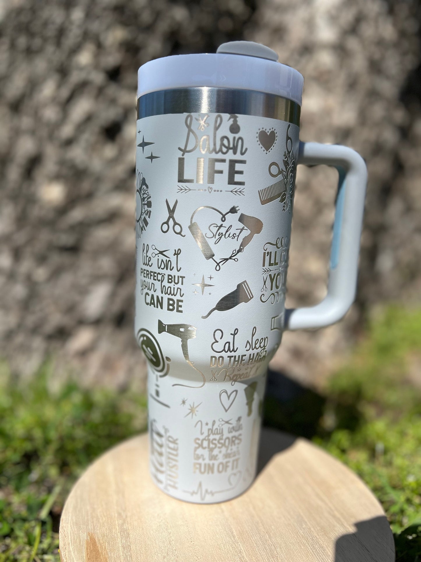 Hair stylist themed light gray 40 oz insulated tumbler with handle. Unbranded tumbler, ready to ship!