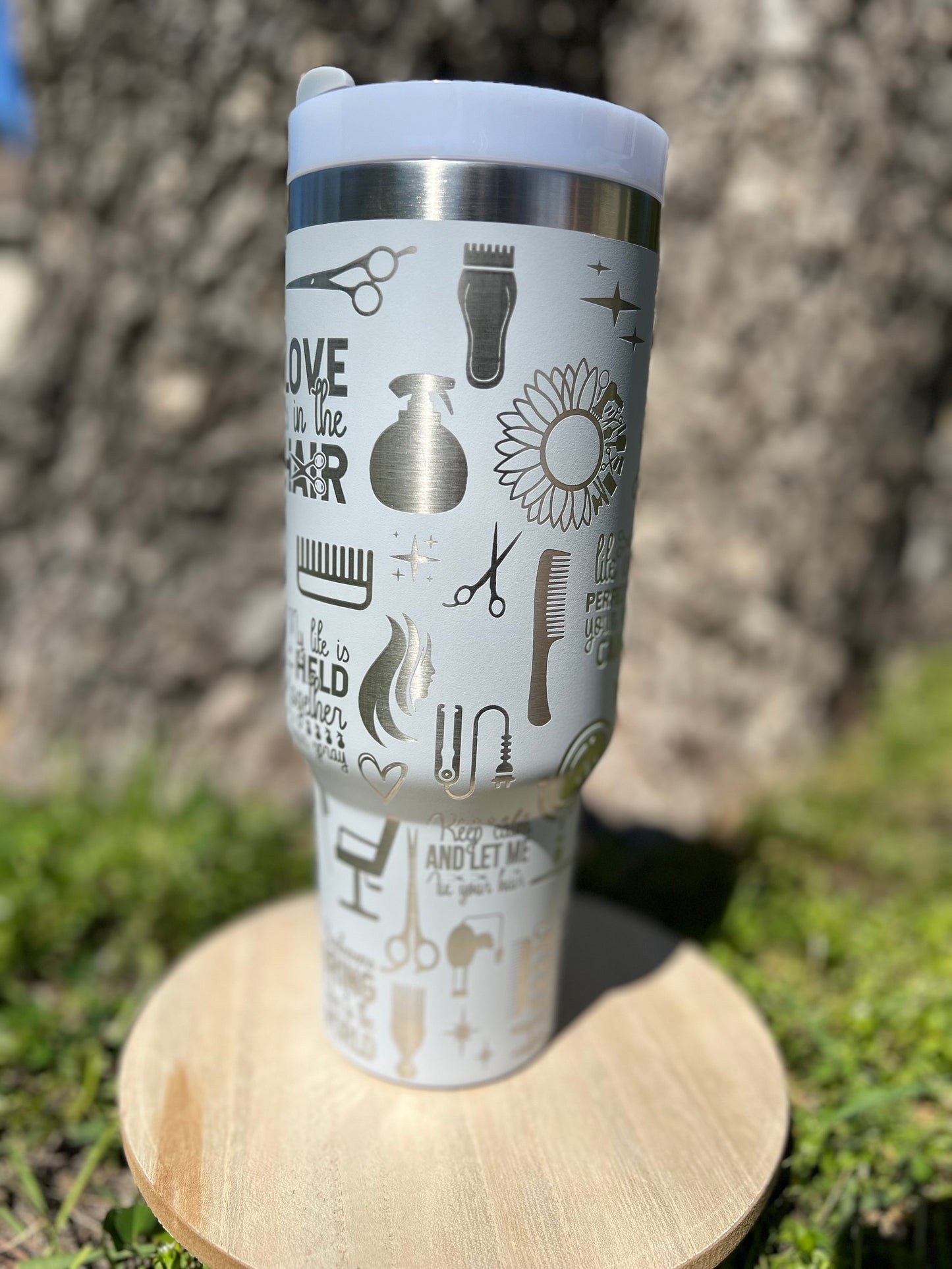 Hair stylist themed light gray 40 oz insulated tumbler with handle. Unbranded tumbler, ready to ship!