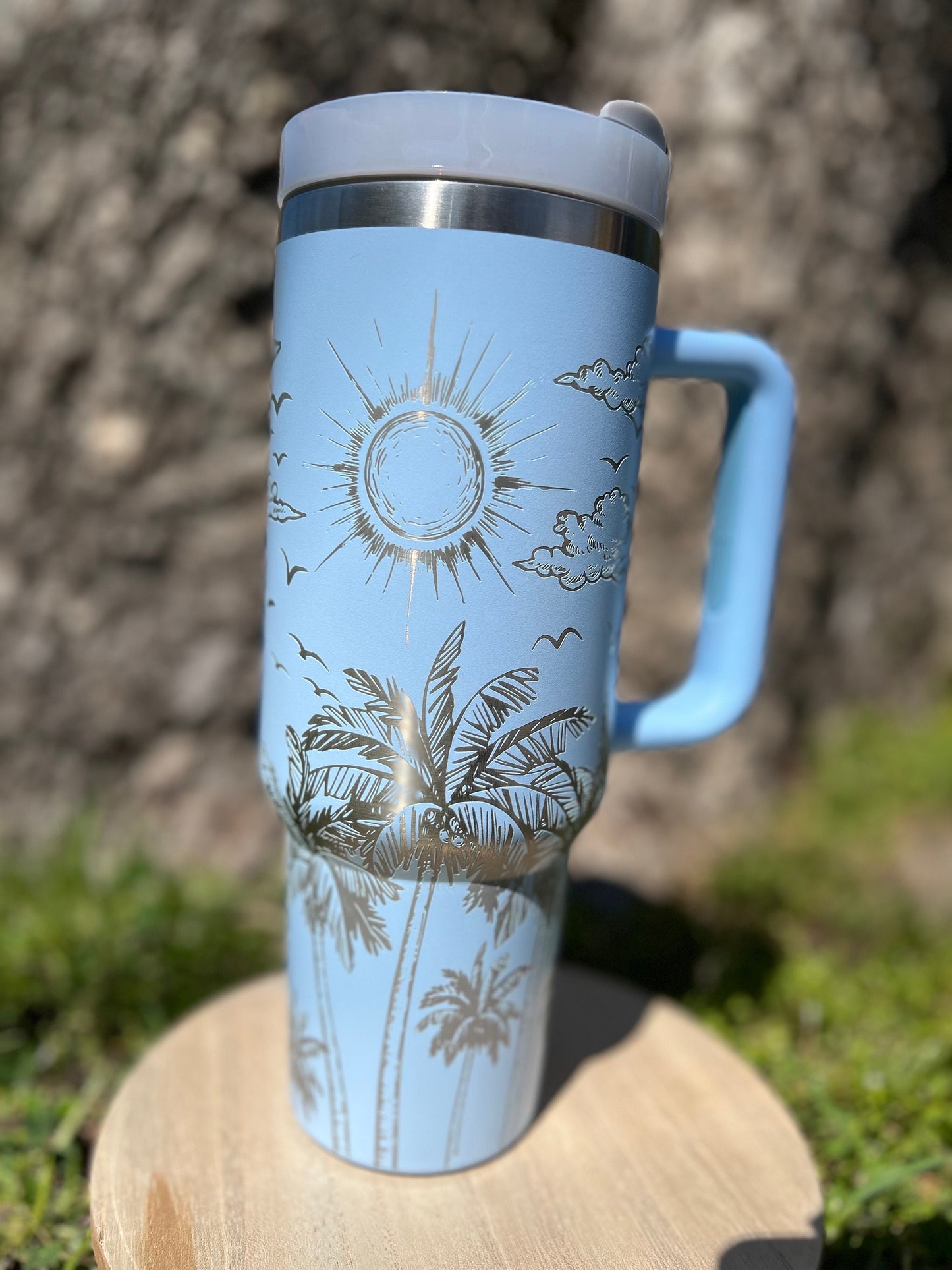 Tropical theme light blue 40 oz Stainless Steel Insulated Tumbler with Handle, Laser Engraved tumbler, birthday gift, ready to ship