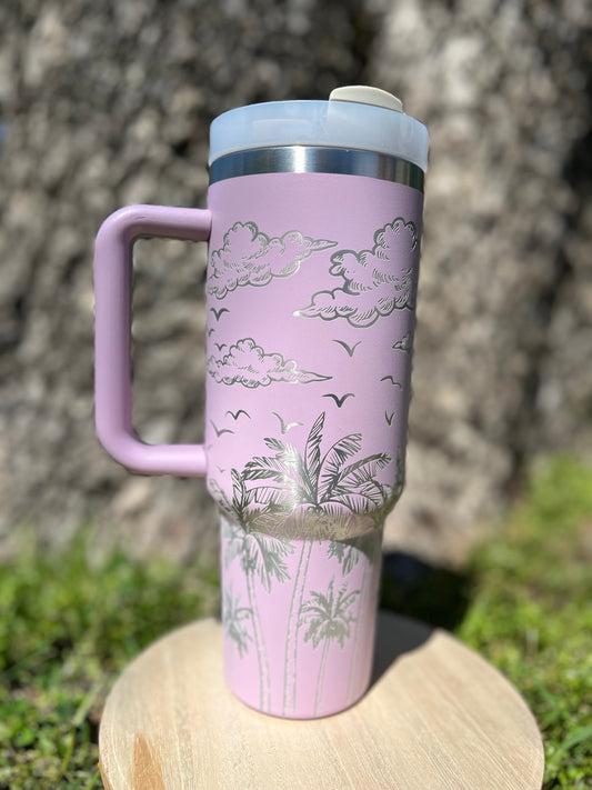 Tropical theme lilac 40 oz Stainless Steel Insulated Tumbler with Handle, Laser Engraved tumbler, birthday gift for him/her, ready to ship