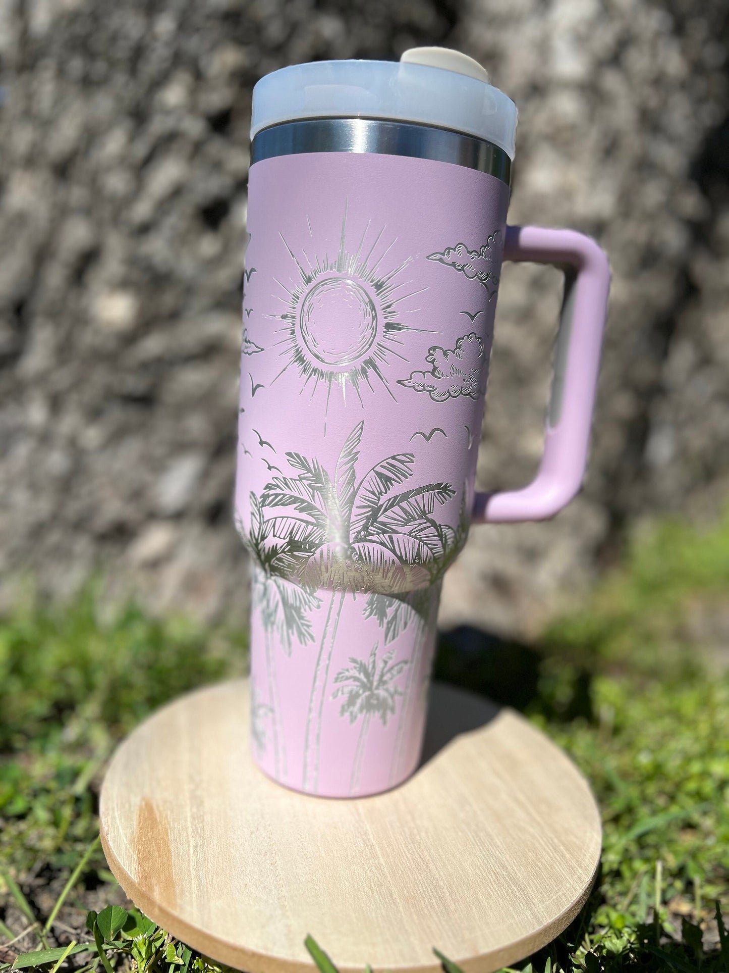 Tropical theme lilac 40 oz Stainless Steel Insulated Tumbler with Handle, Laser Engraved tumbler, birthday gift for him/her, ready to ship