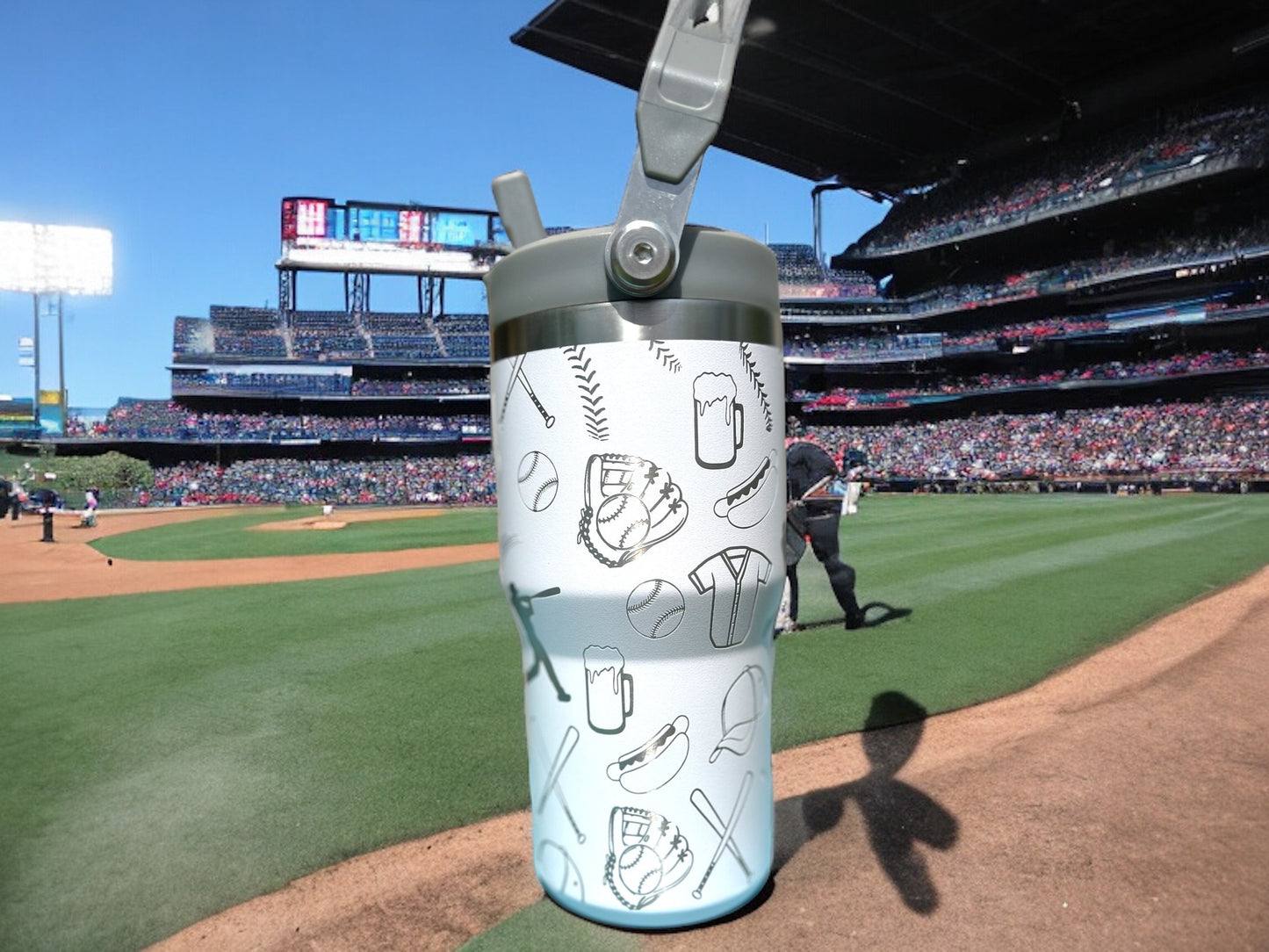 20 oz flip top lid Baseball themed tumbler, gift for her, gift for him, coffee tumbler, free personalization, engraved tumbler gift