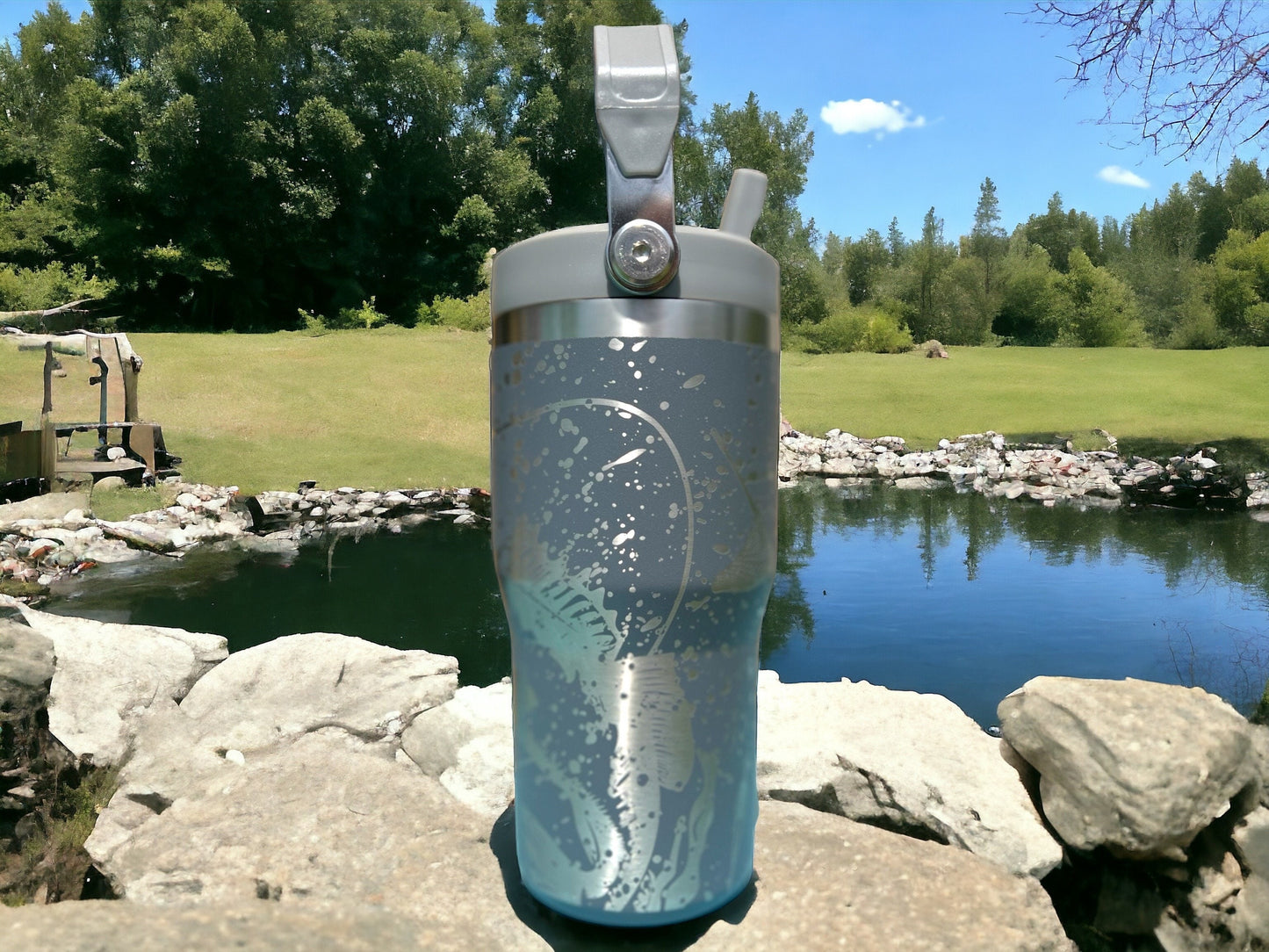 20 oz flip top lid Bass Fishing themed tumbler, gift for her, gift for him, coffee tumbler, free personalization, engraved tumbler gift