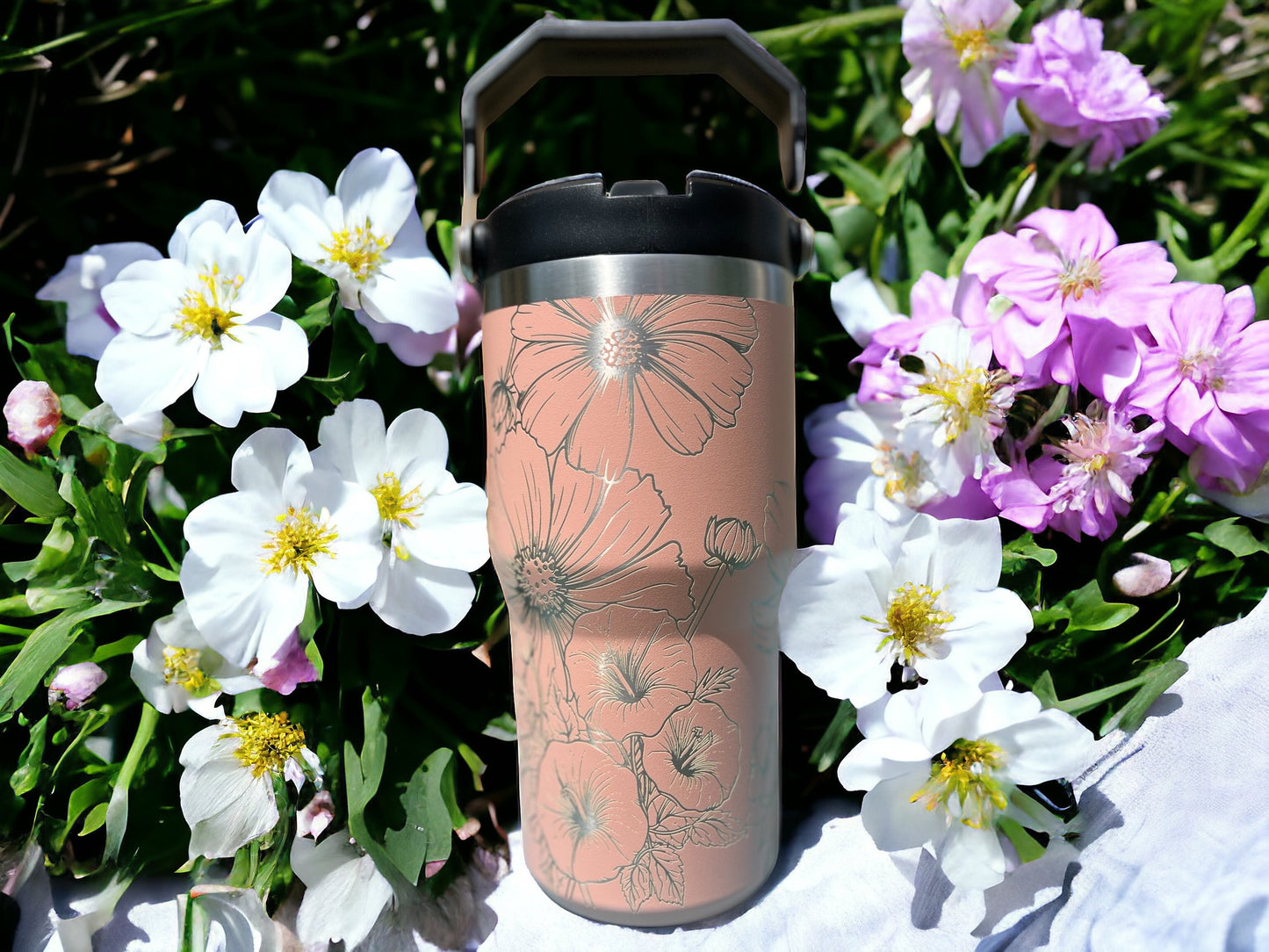 20 oz flip top lid Cosmos flower themed tumbler, gift for her, gift for him, coffee tumbler, free personalization, engraved tumbler gift