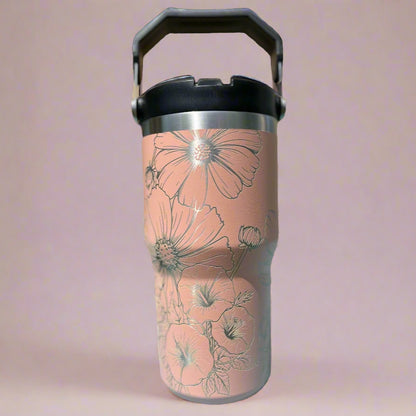 20 oz flip top lid Cosmos flower themed tumbler, gift for her, gift for him, coffee tumbler, free personalization, engraved tumbler gift