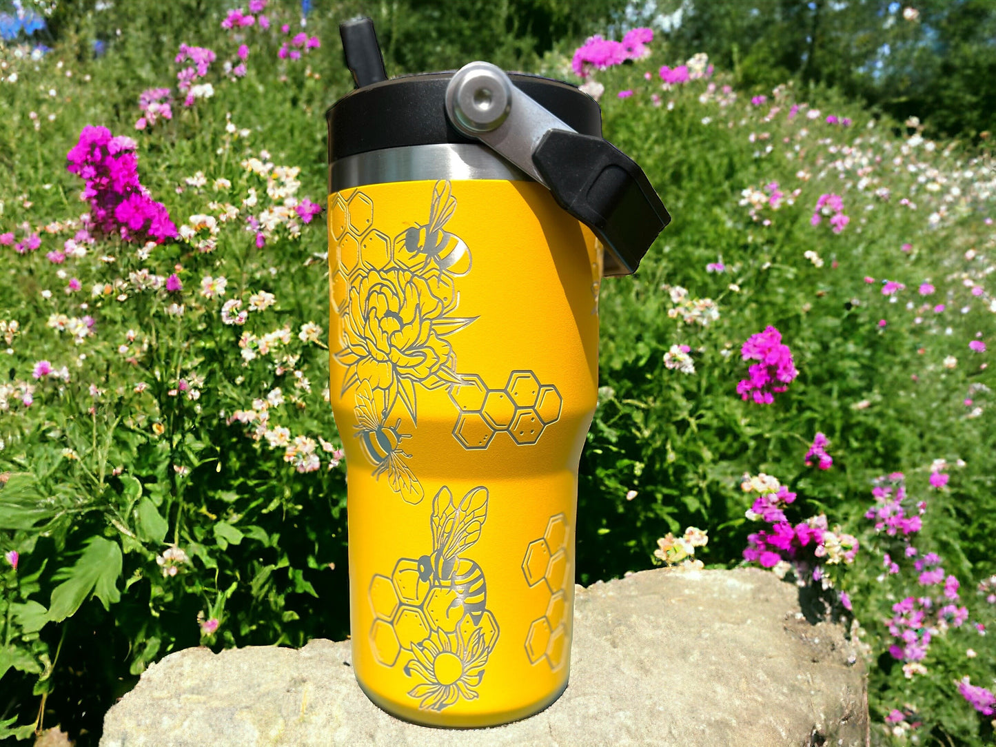 20 oz flip top lid Honey Bee lovers themed tumbler, gift for her, gift for him, coffee tumbler, free personalization, engraved tumbler gift