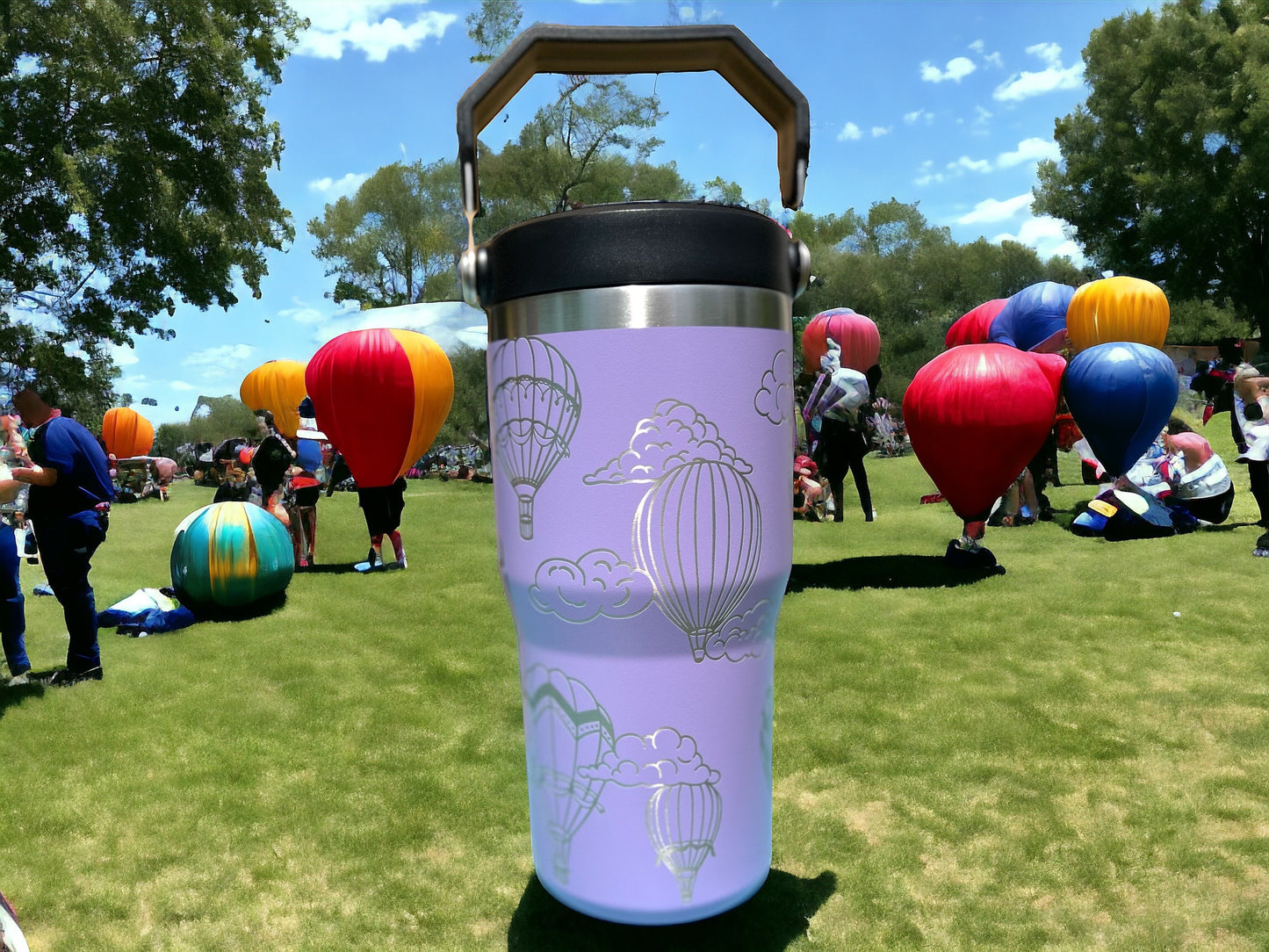 20 oz flip top lid Hot Air Balloons themed tumbler, gift for her, gift for him, coffee tumbler, free personalization, engraved tumbler gift